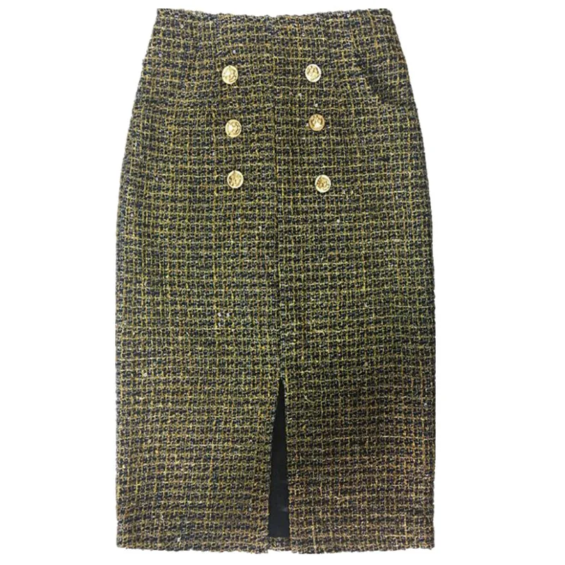 Retro plaid tweed woolen skirt women double breasted autumn winter small fragrance package hip skirt