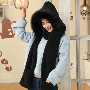 

Cute Plush Hooded Scarf Hat Pocket Gloves 3 in 1 Warm for Women Winter Outdoor FS99
