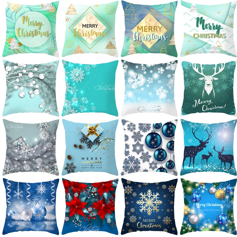 

Blue Geometric Christmas Fluffy Decorative Cushion Cover Snowflake Deer Head Pattern Jeanette Home Bench Hug Pillowcase