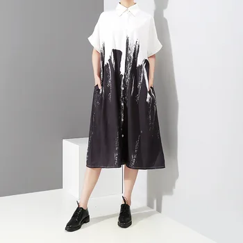 

LANMREM Women's Clothes Prints Patchwork Loose Perosnlaity Shirt Style Dress Long Big Size 2020 Spring Summer Fashion Tide 1D75