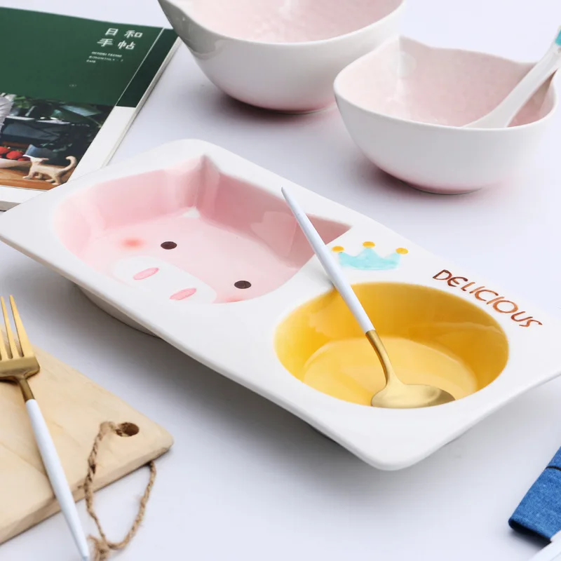 Креативная мультяшная обеденная тарелка с милым животным для маленьких детей, керамическая посуда для кухни, разделенная чаша для завтрака, столовые приборы