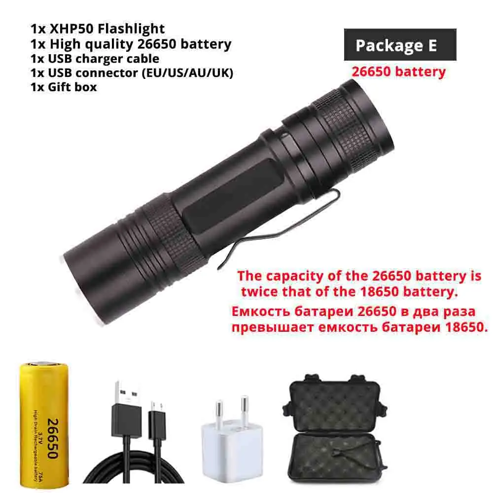 Package E-26650 Powerful XHP50 LED Flashlight USB Charging 3 Lighting Mode Waterproof Tactical Torch Support Zoom Using 18650 or 26650 Battery - Испускаемый цвет: Package E-26650