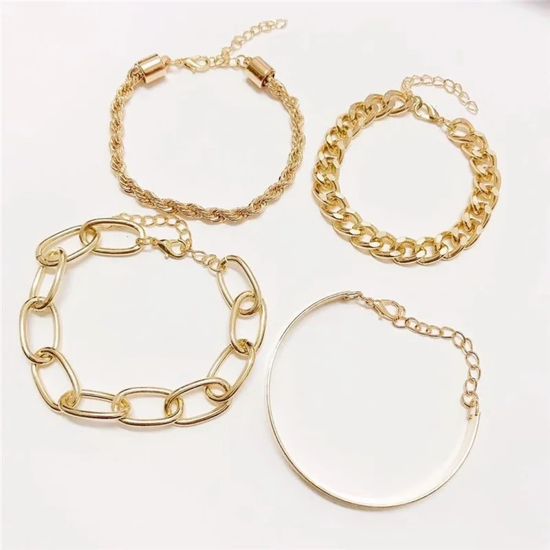 Simple 4pcs Punk Curb Cuban Chain Bracelets Set for Women Miami Boho Thick Gold Color Charm Bracelets Bangles Fashion Jewelry