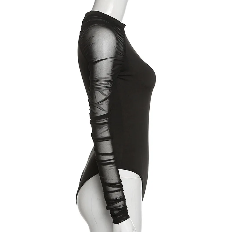 BKLD 2024 Autumn New Women Clothing Round Neck Fashion Mesh Stitching Long Sleeve Top Slim Solid Color One Piece Black Bodysuit