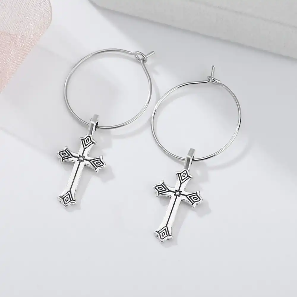 Европейские и американские панковские хряща сережки-крестики, религиозные винтажные серебряные цвета, серьги-капли для женщин, свадебные к...