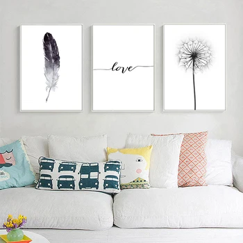 

Black and White Dandelion Feathers Poster and Print Letter Love Wall Art Canvas Painting Home Picture Wall Decoration