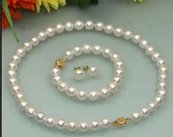 

CLASSIC 10-11mm south sea round white pearl necklace Bracelet Earring 18 inch14k