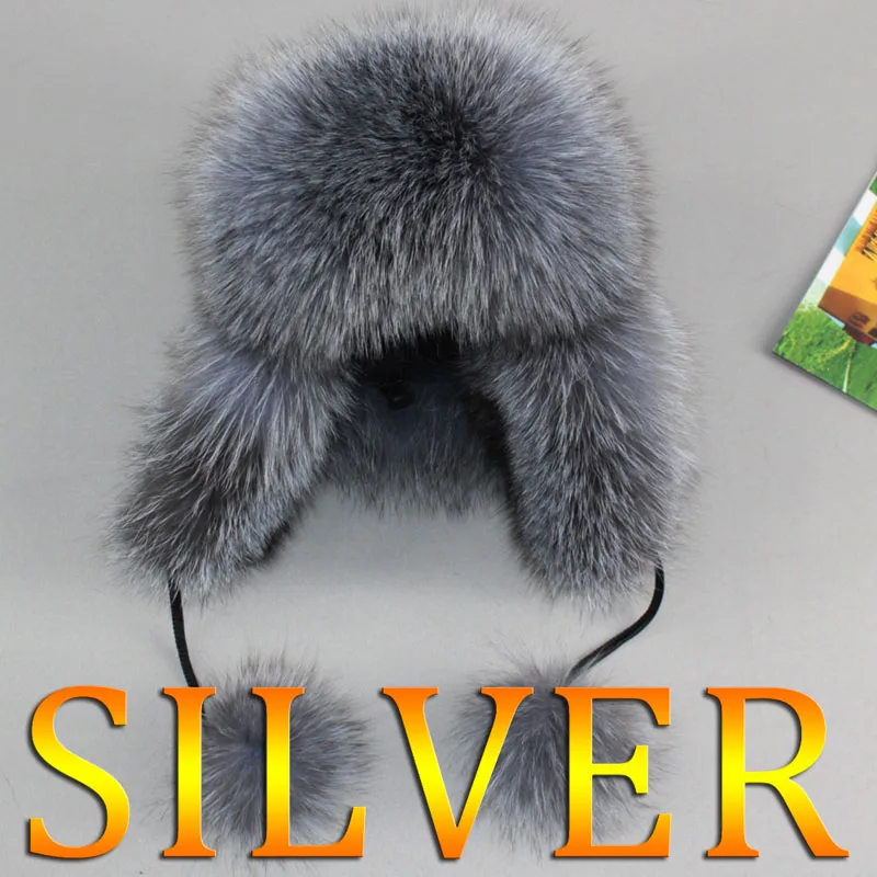 Women real fox fur hat genuine sheepskin leather caps winter warm Ears Fashion Bomber Cap belt new arrival - Цвет: silver