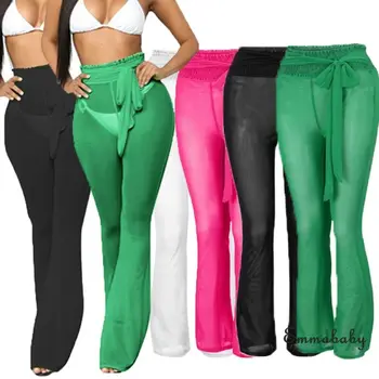 

hirigin Women Sexy High Waist See Through Mesh Sheer Bandage Fashion Summer Beach Long Pants Trousers
