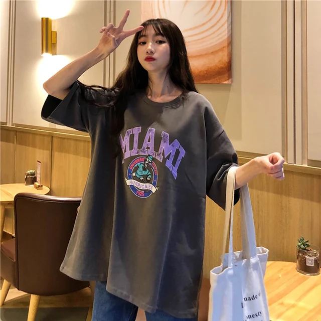 T-shirts Women Letter Printing Funny O-Neck Simple All-match Cartoon Trendy 2020 New Womens Tee Top Couple Clothes Unisex Loose