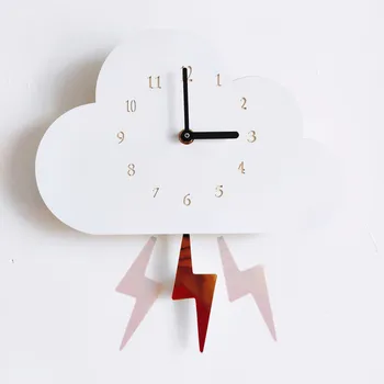

Creativity Wooden Cloud Lightning Swing Wall Clock Modern Nordic Style Living Room Fashion Decor Pendulum Clocks Baby Nursery