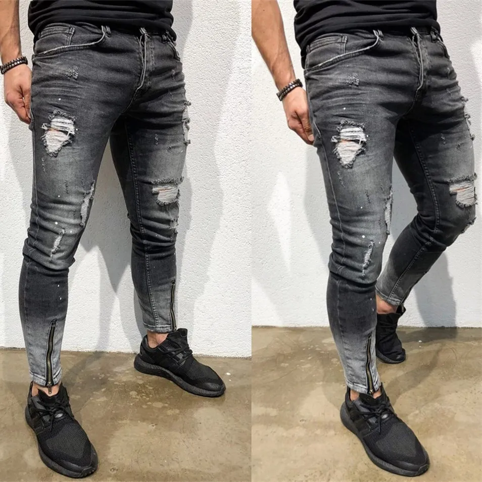 Moda Streetwear Hombre Jeans Vintage Azul Delgado Destruido