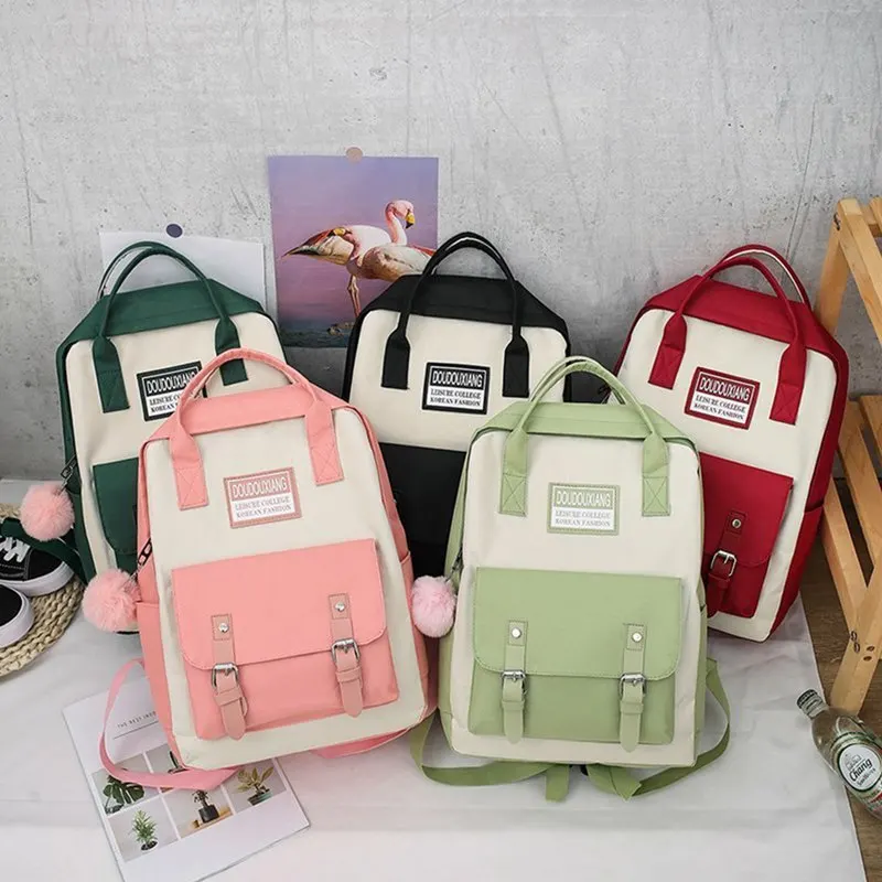 

5 Piece Set High School Bags For Teenage Girl Boys Large Capacity Canvas Travel Backpack Women Bookbags Student Tassel Schoolbag