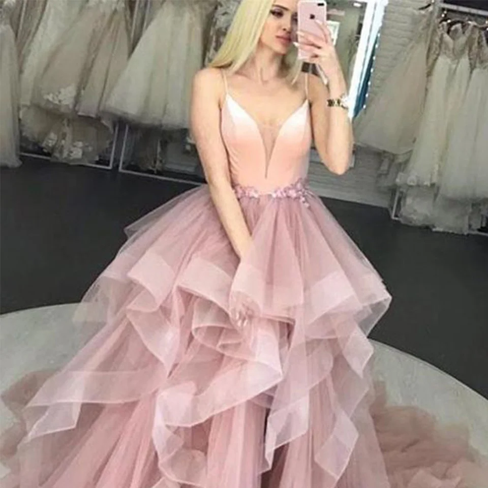 

Real Rill V-Neck Prom Dresses Spaghetti Straps Lace Up Back Floor Length A-Line Ruffled Tulle Party Dress Vestidos De Fiesta