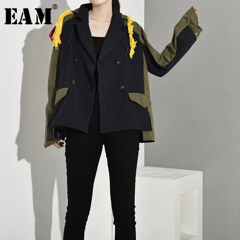 

[EAM] Big Size Striped Tassels Pattern Print Jacket New Lapel Ribbon Loose Fit Women Coat Fashion Autumn Winter 2019 JZ5210