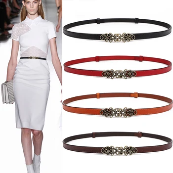 

Fashion Women's Genuine Leather Belt Adjustable Slim Waistband thin whitecow Shiny vintage Alloy Buckle for Dress Designer Women