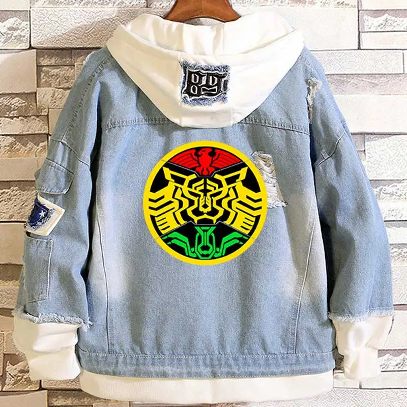 Аниме Kamen Rider OOO повседневные Многослойные джинсовые куртки потертые ребристые с длинными рукавами джинсовая куртка с капюшоном куртка свободное Ковбойское зимнее весеннее пальто