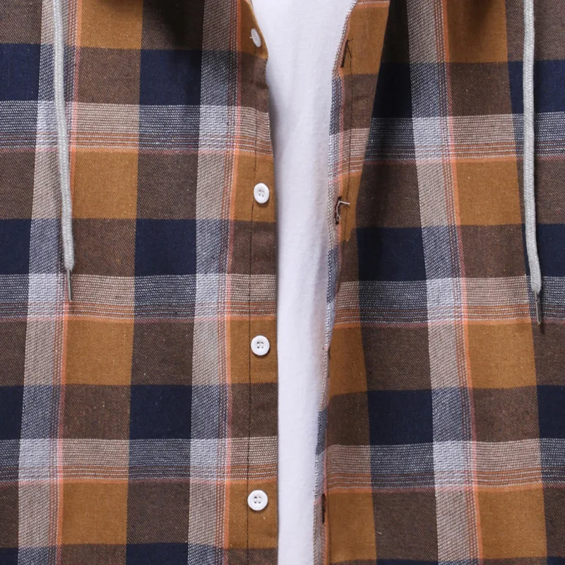 Men's Fashion Long Sleeve Stitching Plaid Hooded Shirt Spring/Autumn Casual Thin Jacket Street Style Retro Shirt Button Up Shirt