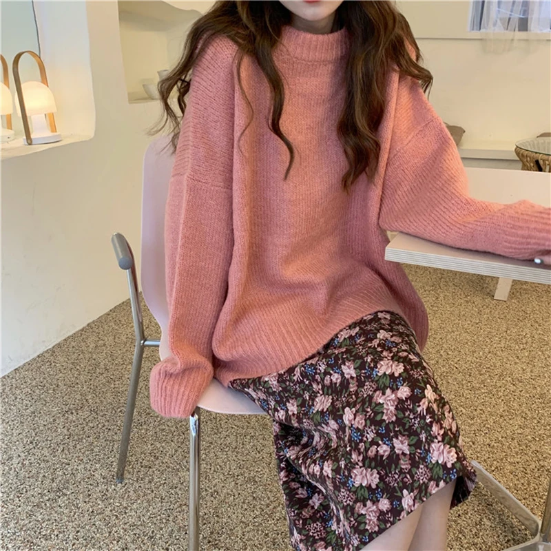 

2020 Women Autumn Winter Thick Grapefruit Pink Oversized Sweater Full Sleeve Knitted Pullovers Jumpers