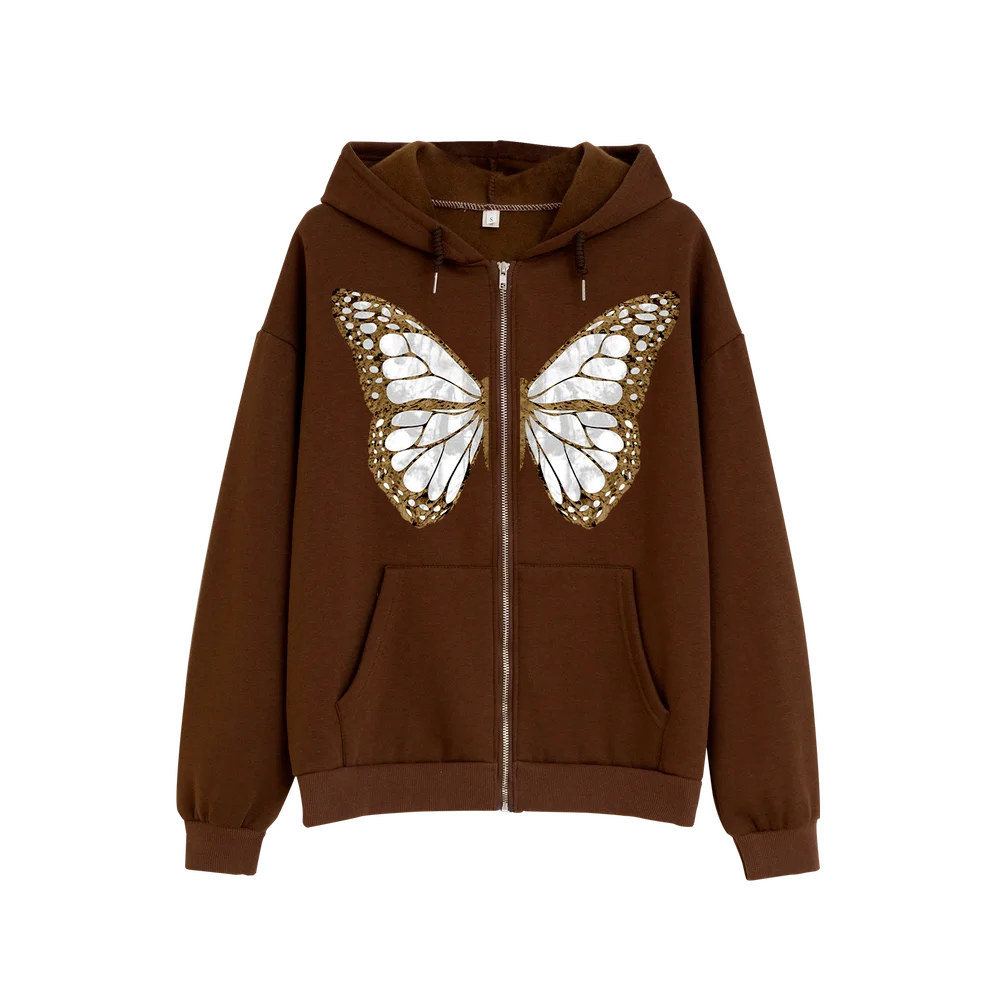 Kawaii Butterfly Graphic Cotton Brown Y2K Oversized Hoodies Women Zip Up  Long Sleeve Sweatshirts Streetwear Black Zipper Hoodie - AliExpress