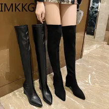 Big Size 43 Brand New Winter Women Pu Pointed Toe Over The Knee Boots Female High Heel Sexy Party Botas De Mujer tanie tanio IMKKG CN(Origin) Over-the-Knee Sewing Solid Fashion Women Boots Square heel Basic Cotton Fabric Rubber High (5cm-8cm) 0-3cm