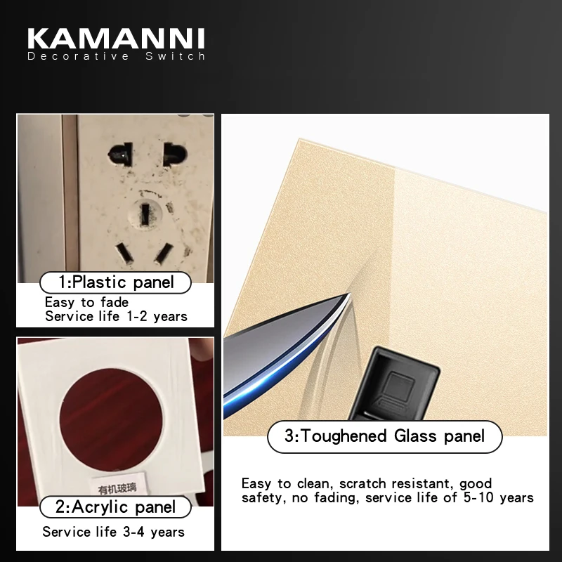 KAMANNI Frameless Grey Glass Panel Luxury Wall Rocker Light Button Switch Socket Led Indicator 2 Gang Controls 1/2Way New Design