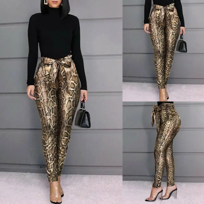 Pantalones de piel sintética con estampado de piel de serpiente para mujer,  Leggings elásticos, pitillo, con cinturón, cintura alta, nueva moda -  AliExpress Ropa de mujer
