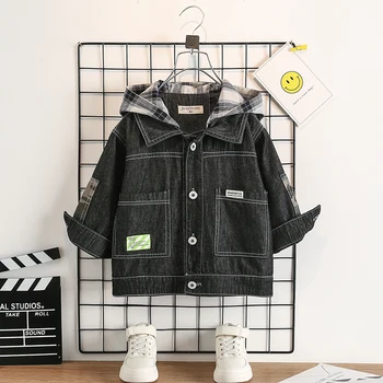 

Boys denim jacket tide 2020 spring and autumn new children's back print hooded denim jacket black top