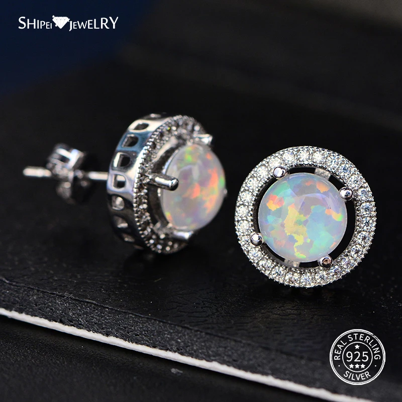 opal-white Shipei опал Серебро 925 серьги-гвоздики для женщин стерлингового серебра 925 пробы Круглый Опал серьги-гвоздики свадебный подарок на день рождения - Цвет камня: opal-white