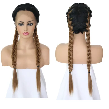 

RONGDUOYI Ombre Brown Long Boxing Braid Wigs Synthetic Lace Front Wig for Women Heat Resistant Middle Part Woman Braided hair