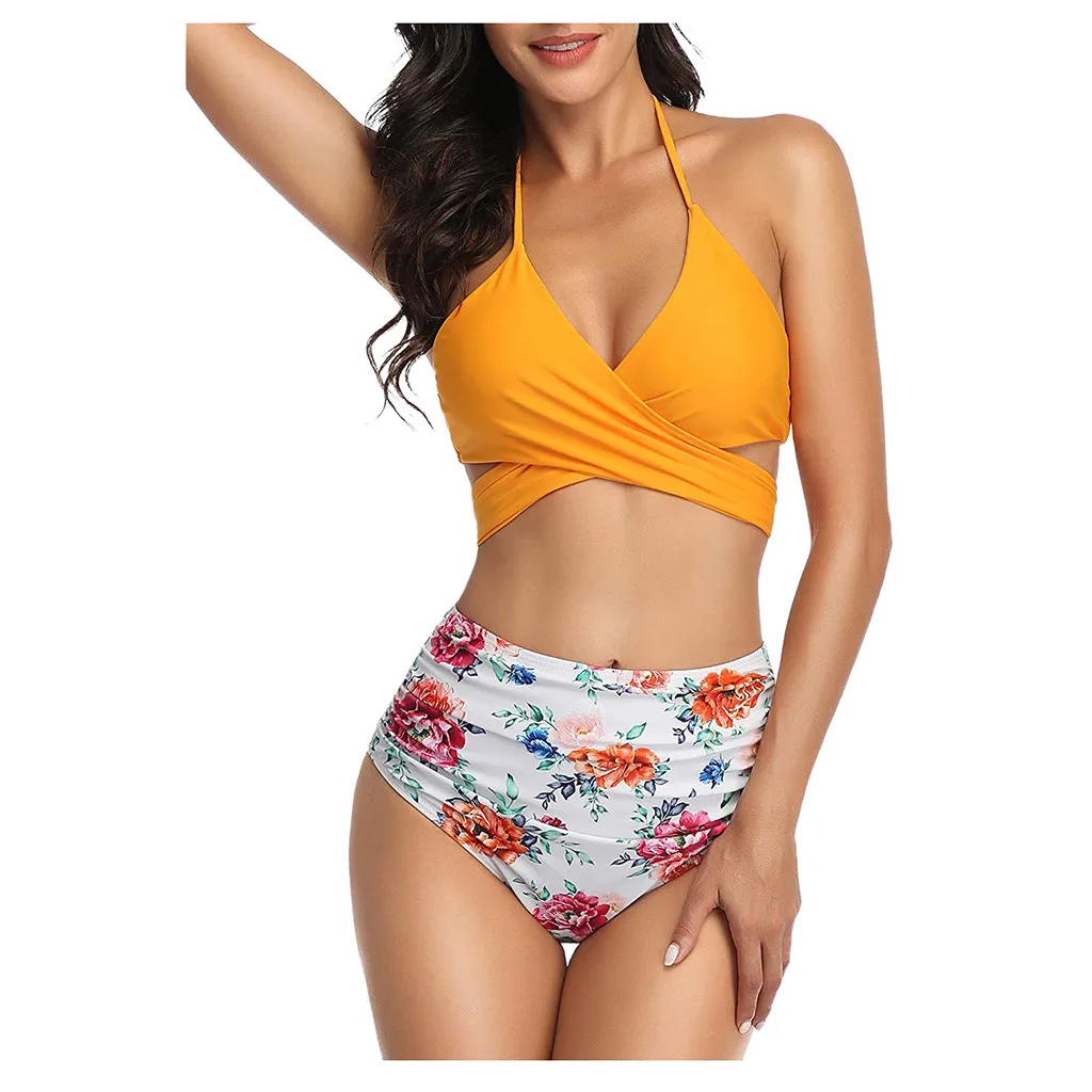 

SAGACE Women Halter Cross Strap Bikini Set Push-Up Brazilian 2020 Female Print Swimwear Suit Ruched High Waist Beachwear Mujer