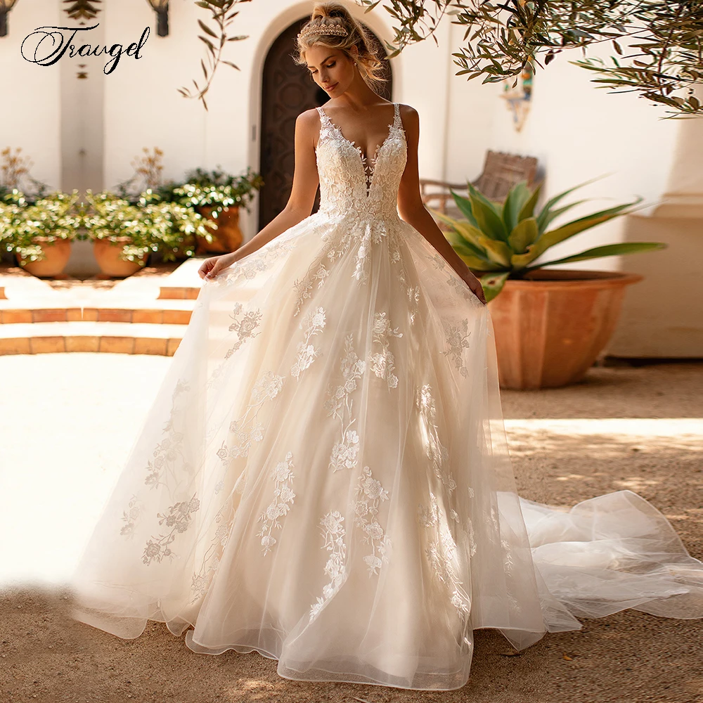 

Traugel сексуальное, с лифом сердечком, с открытой спиной кружевные винтажные свадебные платья, элегантная аппликация, на бретельках, со шлейфом, ТРАПЕЦИЕВИДНОЕ свадебное платье