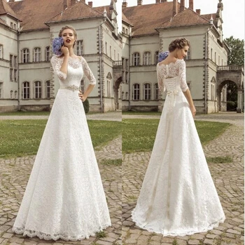 

White Lace 2018 3/4 Long Sleeves A line Custom Beach Cheap Bridal gown cheap vestido de noiva mother of the bride dresses
