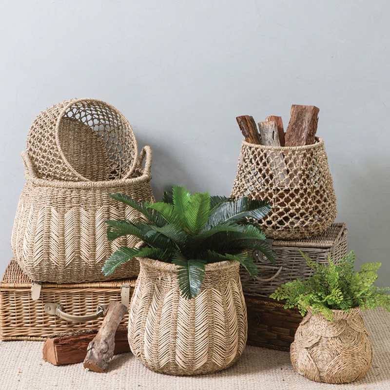 Woven basket Natural style aquatic weave grocery storage basket plant