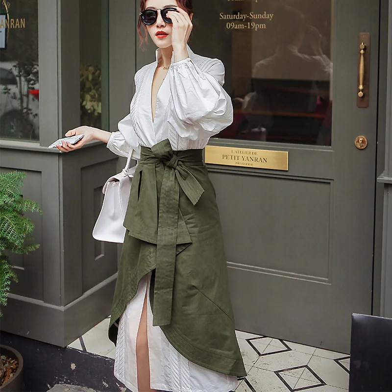 Женский комплект из 2 предметов с юбкой повседневное длинное платье рубашка V