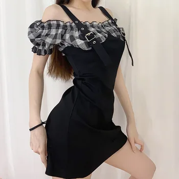 

girls sexy slash neck off shoulder fairy dresses short sleeved fake two pieces plaid strap mini dresses A-line patchwork women