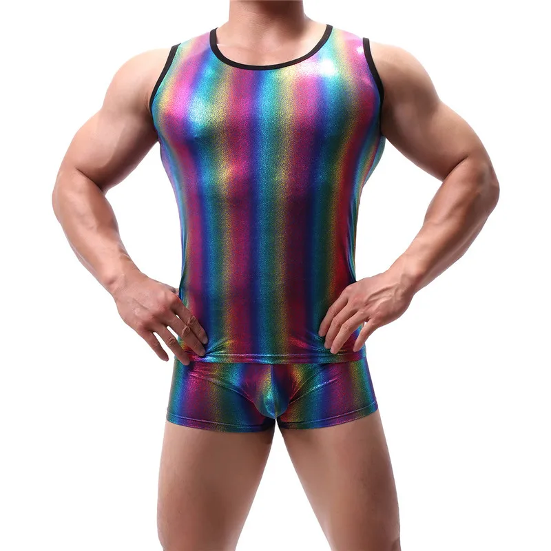 

Sexy Men Sets Tanks Top Pants Boxer Shorts Striped Male Stage Performance Clubwear Gay Singlet Undershirts Lingerie Suits