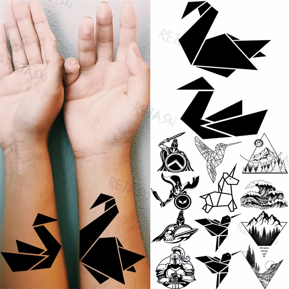 

Черные маленькие бумажные временные татуировки с журавлем для женщин и мужчин, Спартанские горы, реалистичные искусственные татуировки с животными, модные татуировки с полурукавами