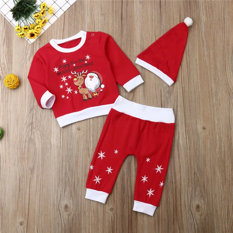 Fashion Kids Baby Boy Girls Christmas Clothes Letter Print Long Sleeve Romper Pants Hat New Year Warm Custume Outfit Sets - Цвет: A