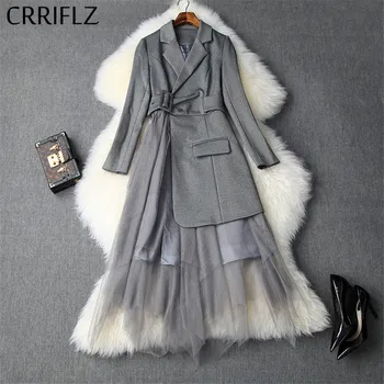 

Women Long Dress New Sashes Blazer Coat Mesh Pleated Skirt Patchwork Women Fake Two Pieces Full Sleeve Notched Gray Dress
