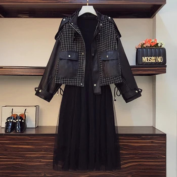 

Plus Size Women Winter streetwear Locomotive Cool Suit Plaid PU jacket And Mesh Dress Two Piece Set Fashion women Clothes Outfit