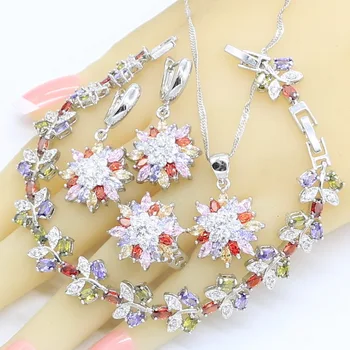 

Multicolor Zircon Silver Color Jewelry Sets for Women Flower Shape Bracelet Necklace Pendant Earrings Ring Gift Box