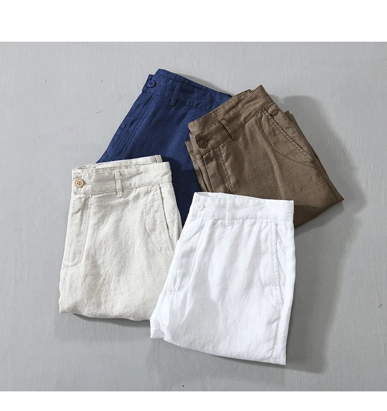 Linen Beach Shorts Mid Waist Men’s Summer Casual Business Straight Fit Pants