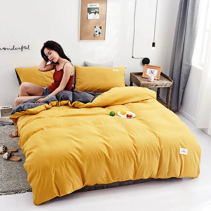 3pcs/4pcs Winter Warm Solid Color Yellow Grey Bedding Set Bed Sheet Quilt Cover and Pillowcases Set