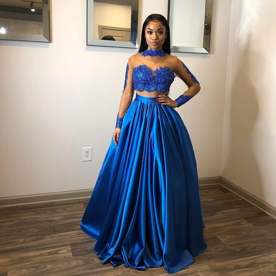 Royal Blue Prom Dresses 2021 Two Pieces Long Sleeve Formal Evening Party Dress Floor Length Appliques Prom Gowns sage green prom dress