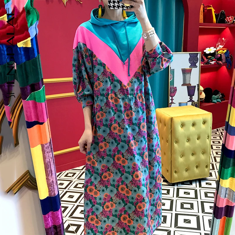 

SHENGPALAE Patchwork Floral Hooded Mid-calf Half Lantern Sleeve Spring Autumn Vestidos Women 2019 Korean Style Dress FS652