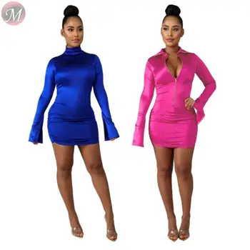 

2020 Popular Full Sleeve Turn-down Collar Zipper Bodycon Mini Hot Sale Women Fashion Dress Spot