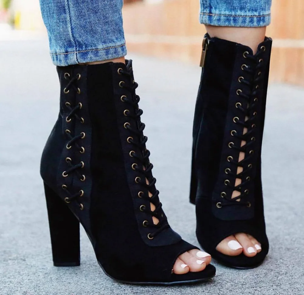 

Women Spring Ankle Boots Lace Up Flock Square Heels Western Autumn Stiletto High Heels Peep Toe Boots Sandals size 35-40