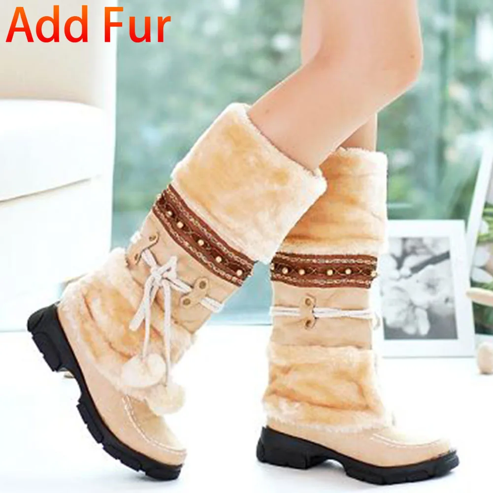 beige 2 thick fur KARINLUNA/женские ботинки на меху Дамская зимняя обувь женские повседневные сапоги до колена на молнии теплые зимние сапоги черные, большие размеры 35-46 - Цвет: beige 2 thick fur
