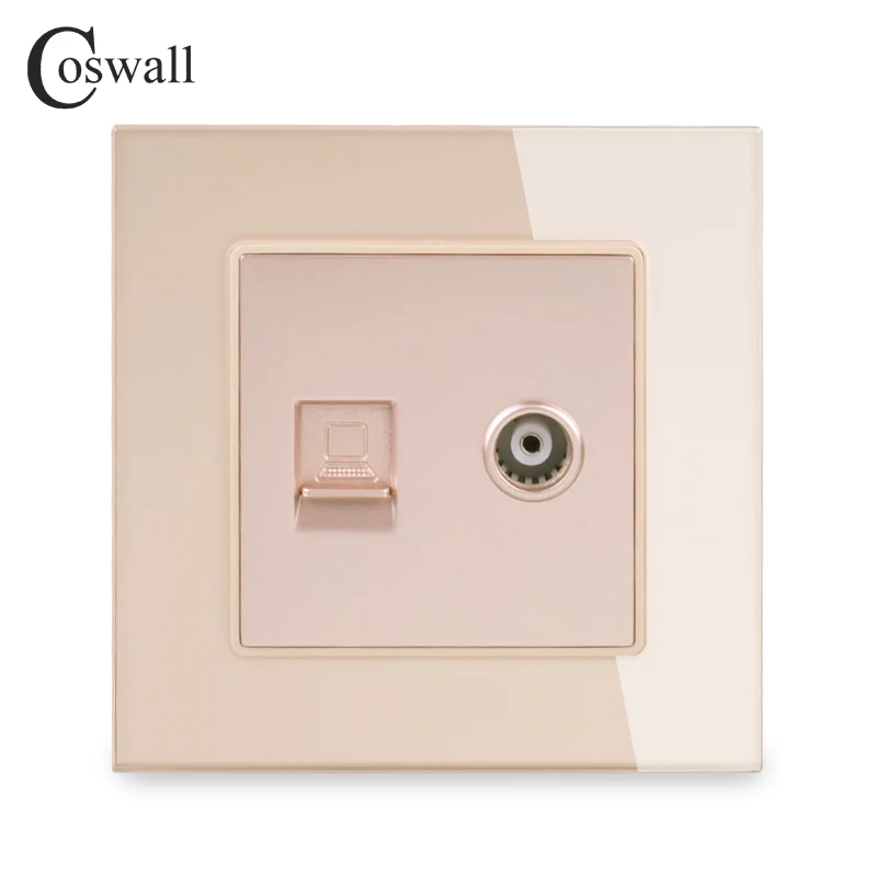 Gold COSWALL Кристалл Закаленное стекло Блок розеток женский ТВ разъем с CAT5E RJ45 Интернет компьютер разъем для передачи данных C1 серии - Тип: Gold